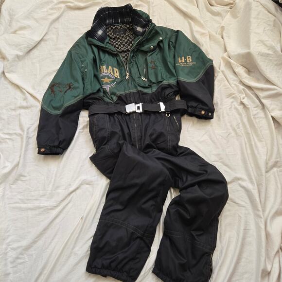 Vintage Bogner Sports One Piece Ski Suit Size 42 Green Black Hidden Hood Belted - Picture 1 of 16